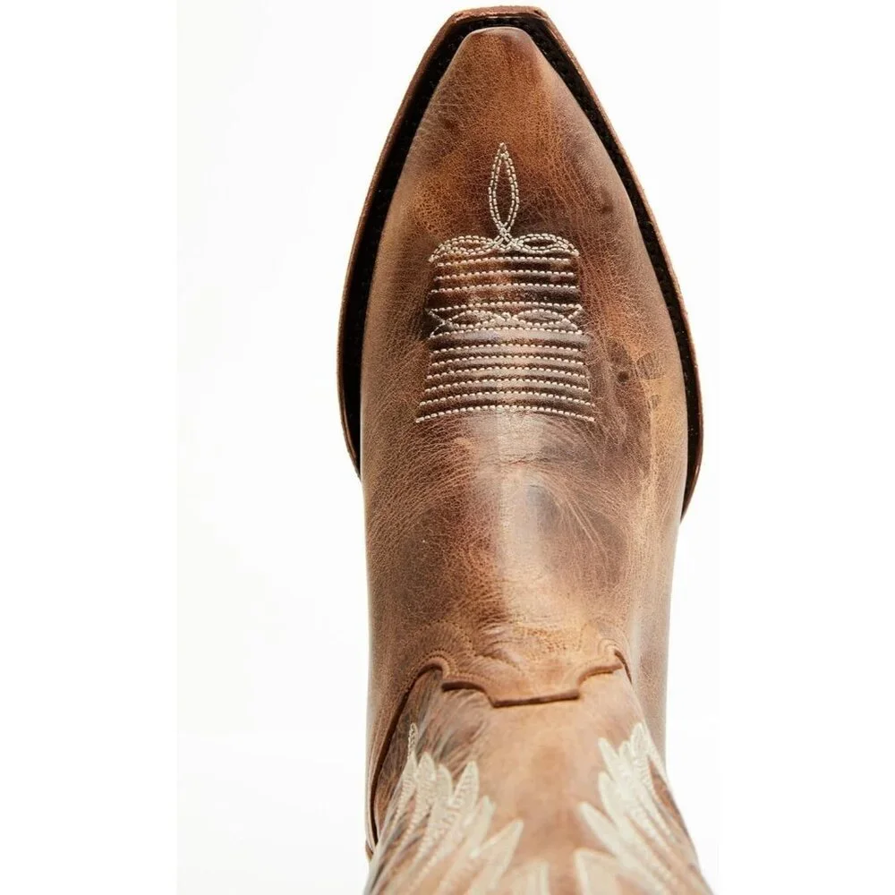 Women's Embroidered Chunky Heel Mid Calf Pointed Toe Pull On Cowgirl Boot Tan - Picture 6 of 6